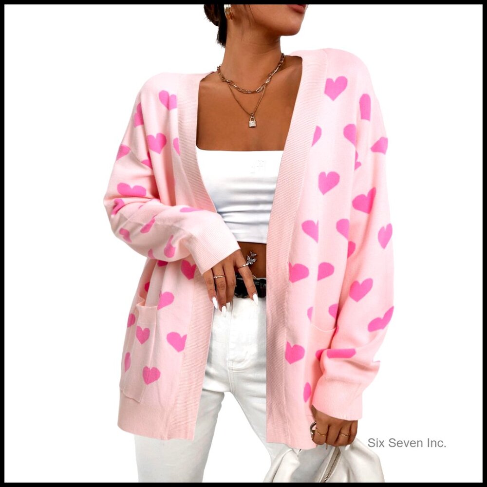 Heart Print Cardigan Open Front Knit Sweater With Pockets Loose Fit Valentine
